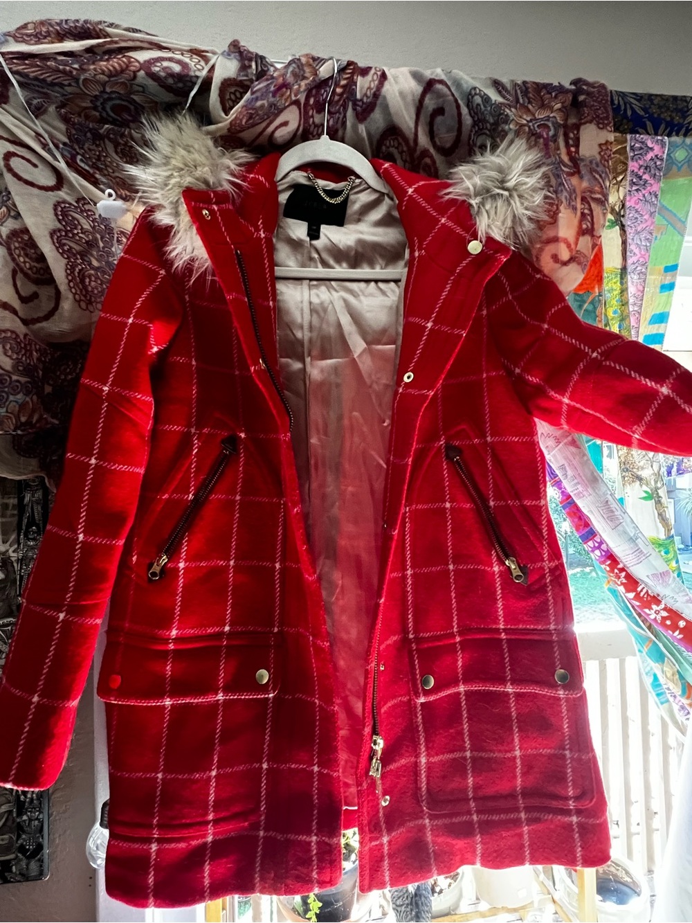 J. Crew Red Plaid Faux-Fur Hooded Puffer Coat